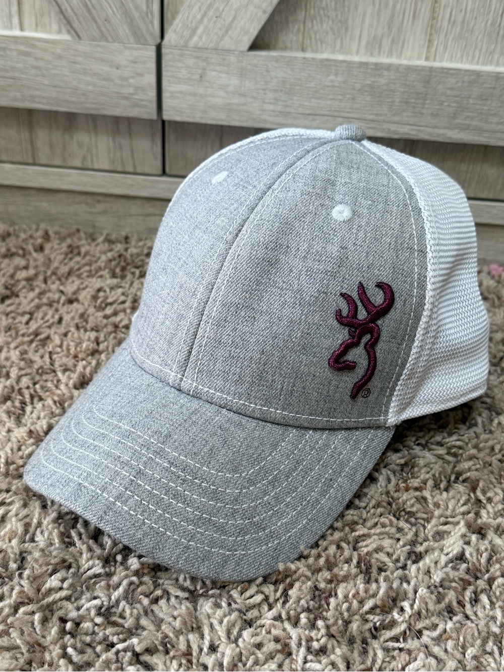 Gray Trucker Hat with Embroidered Buck Logo-Browning